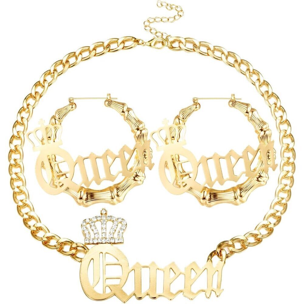Women Punk Hip Hop Necklace Earring Set Stainless Steel 80s Bamboo Hoop